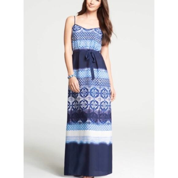 Ann Taylor Mixed Media Batik Atrium Maxi Dress Womens Sz 2 Blue Belted Boho Chic - Picture 10 of 10